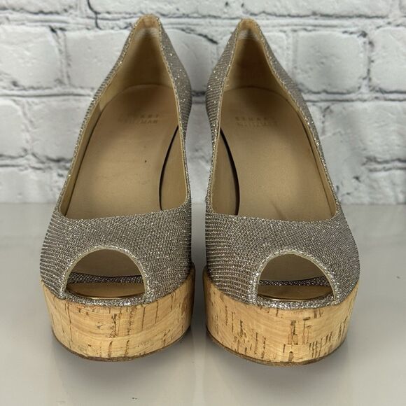Stuart Weitzman Anna Wedge Women 6 Silver Glitter Cork Platform Peep Toe Pumps - Picture 4 of 15